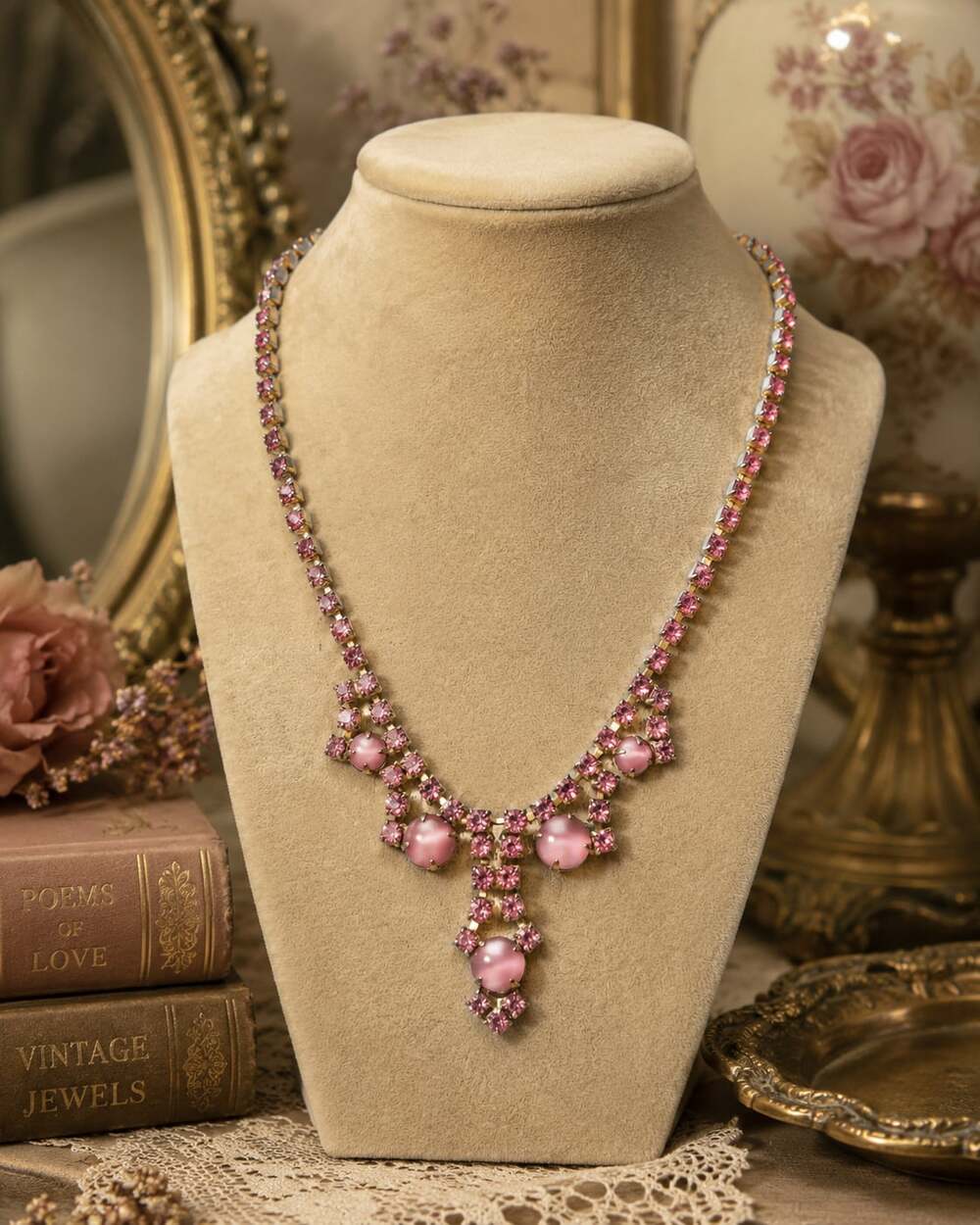 Vintage Pink Glass Moonstone Cabochon and Rhinestone Drop Necklace